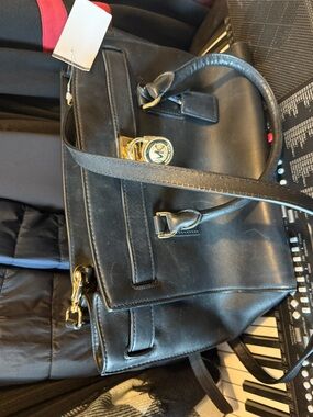 Michael Kors Black Leather Satchel with Gold MK Charm